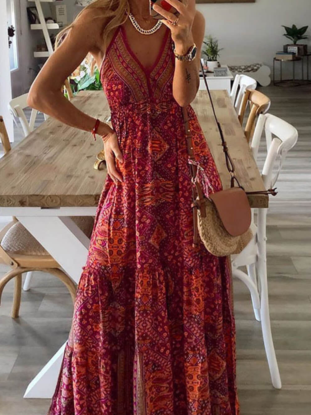 Hoch tailliertes V-Ausschnitt Vintage-Print Maxikleid