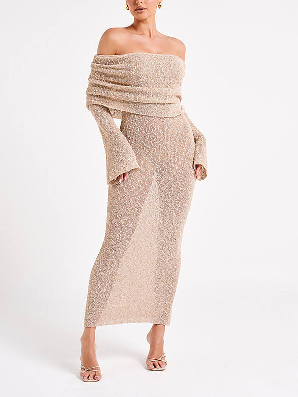 Off-Shoulder Bouclé Maxikleid