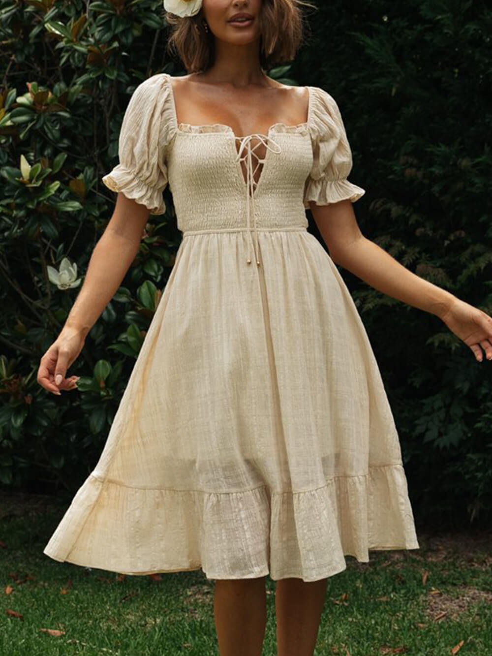 Elegantes, einfarbiges Midi-Kleid im Landhausstil