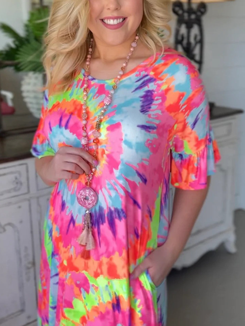 Batik-Pullover mit V-Ausschnitt, leger, Rock, Kurzarm, langes Kleid