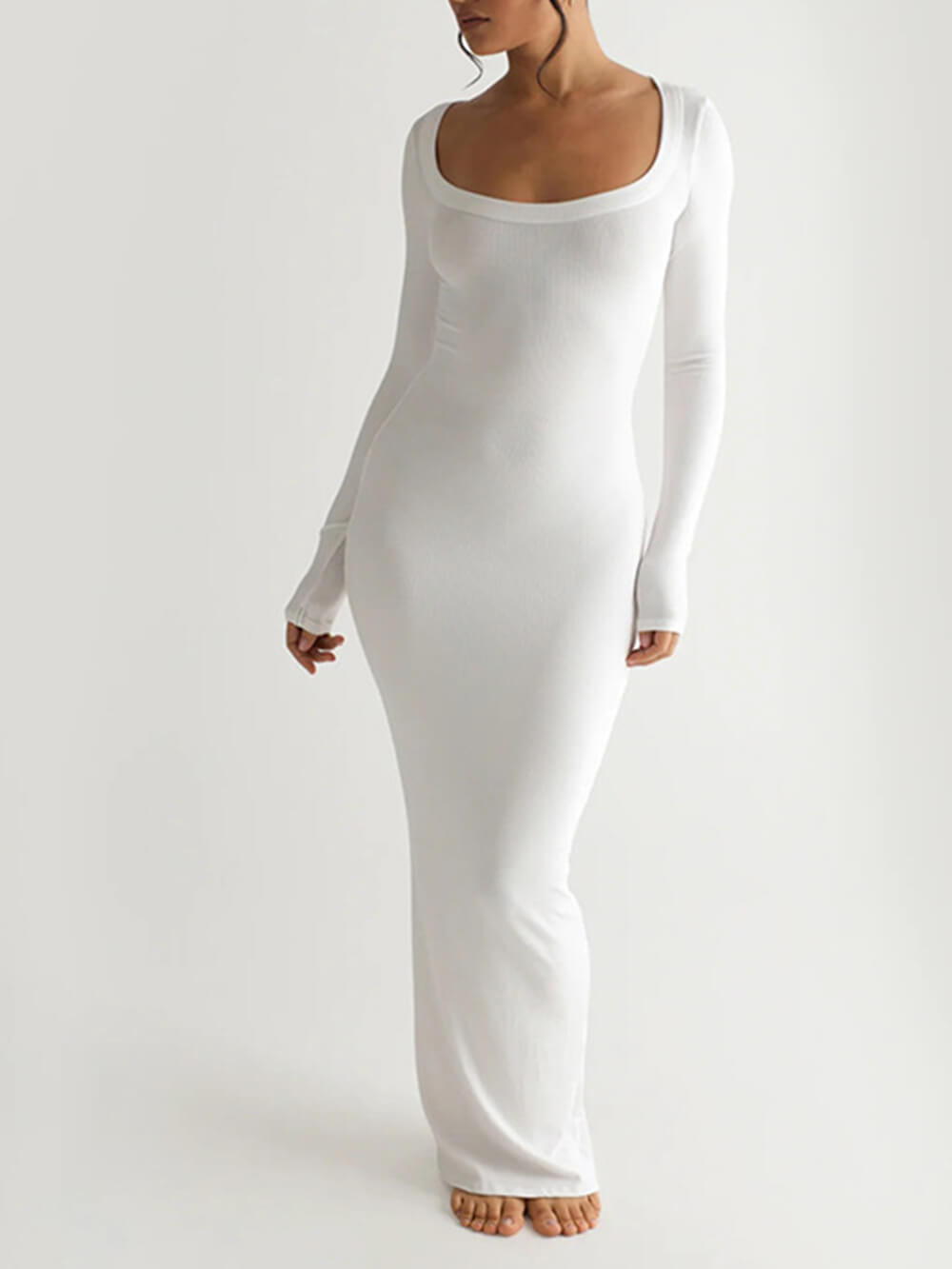 Einfarbiges, langärmliges Maxikleid mit quadratischem Ausschnitt