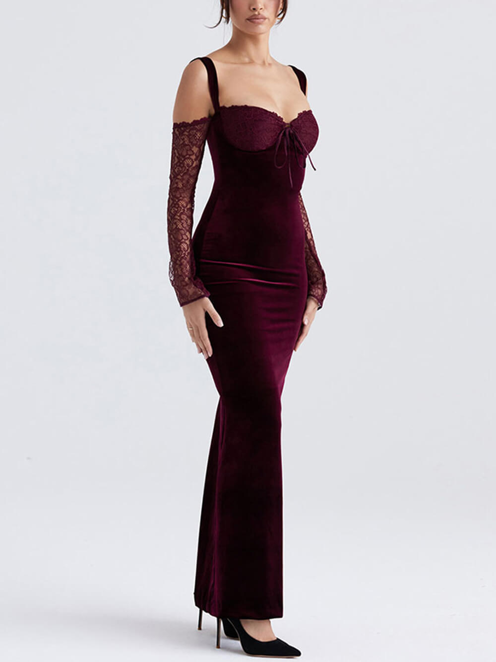 Spitzen-Neckholder-Off-Shoulder-Maxikleid