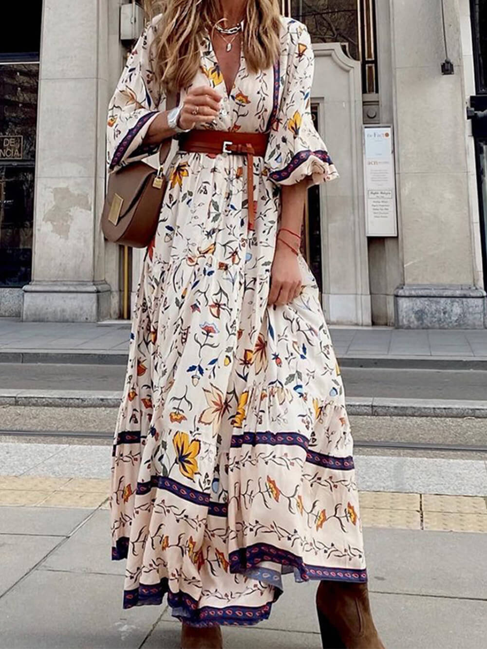 V-Ausschnitt Bedrucktes Lockeres Maxikleid