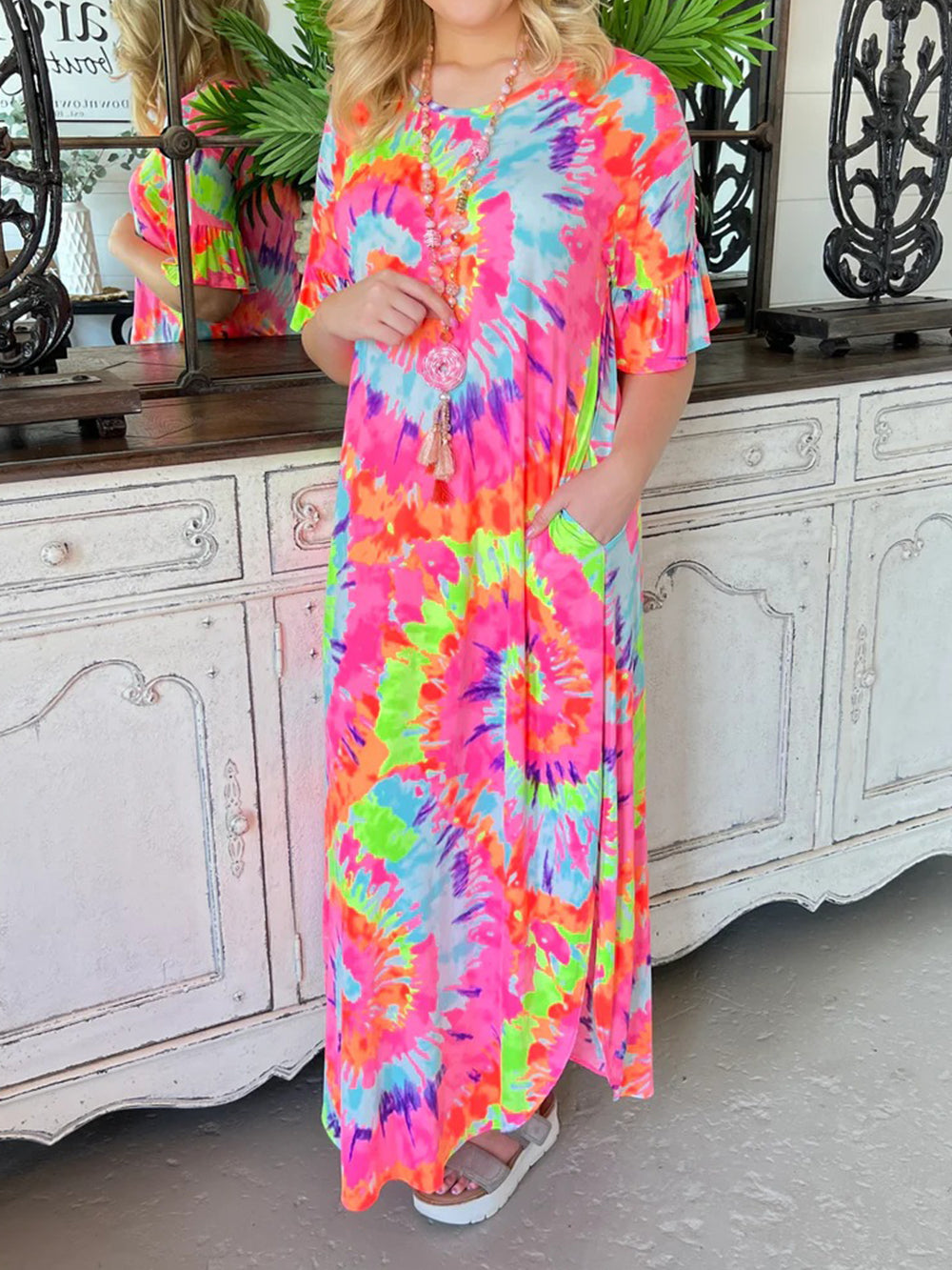 Batik-Pullover mit V-Ausschnitt, leger, Rock, Kurzarm, langes Kleid