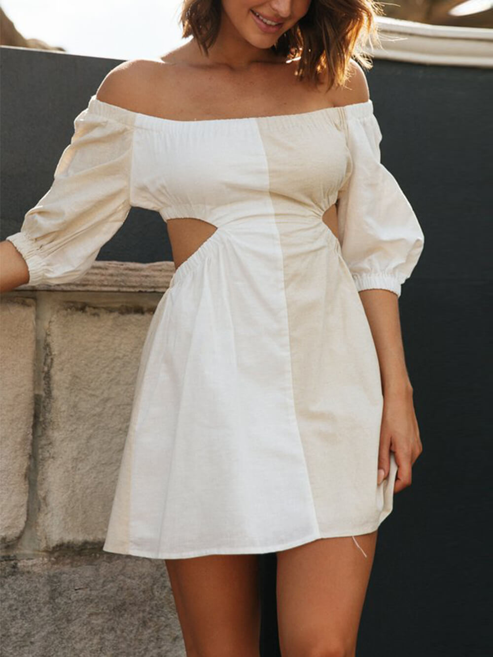 Einarmiges Off-Waist Ballonärmel Minikleid
