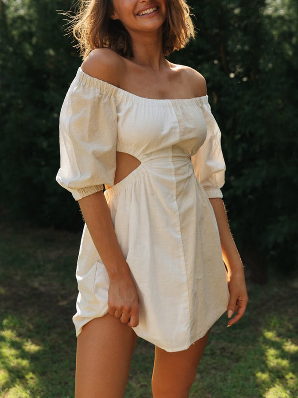 Einarmiges Off-Waist Ballonärmel Minikleid