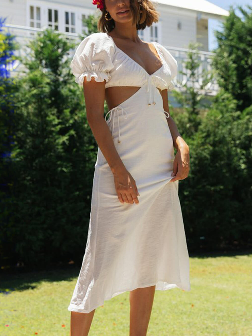 Einfarbiges Midi-Kleid mit Prinzessinnenärmeln