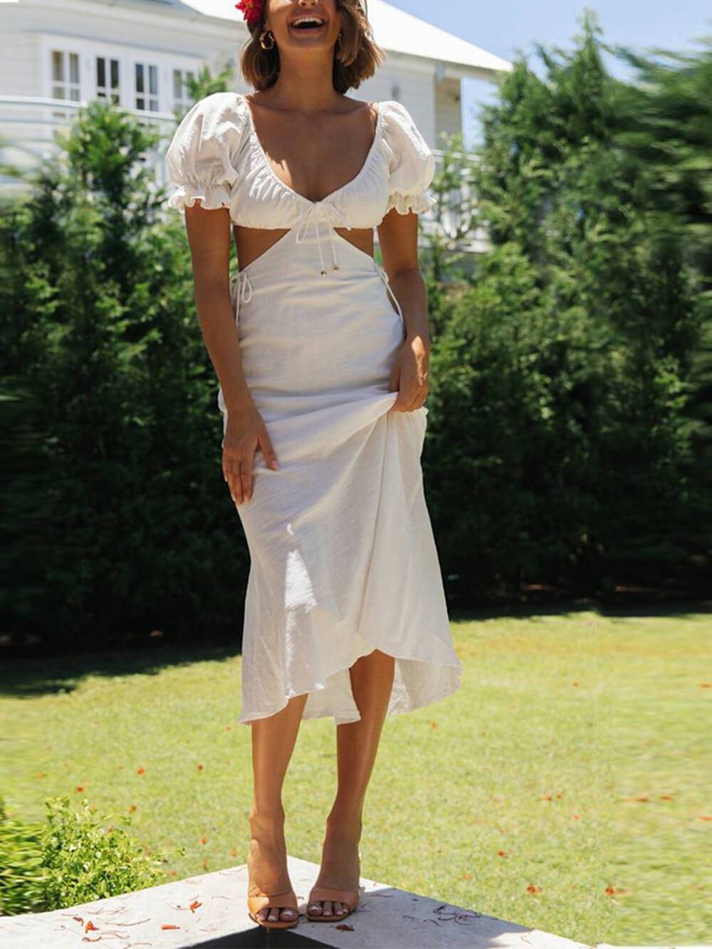 Einfarbiges Midi-Kleid mit Prinzessinnenärmeln