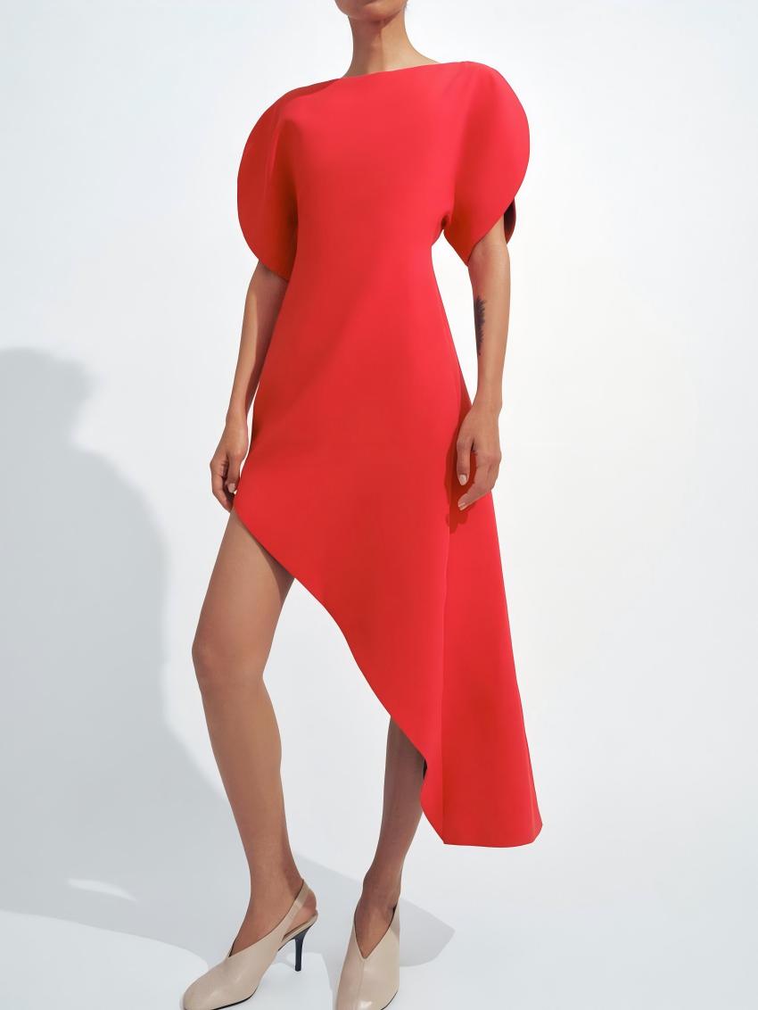 Puff Sleeves Asymmetric Midi Dress