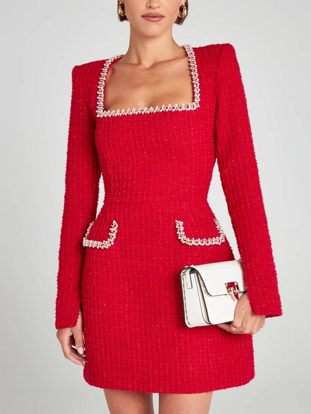 Exquisites Mädchen, Charme, Perlenbesatz, geschlitzter Ärmel, Tasche, Minikleid