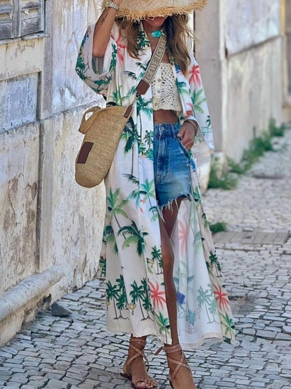 Urlaubsstil Botanischer Print Bindegürtel Langes Kaftankleid