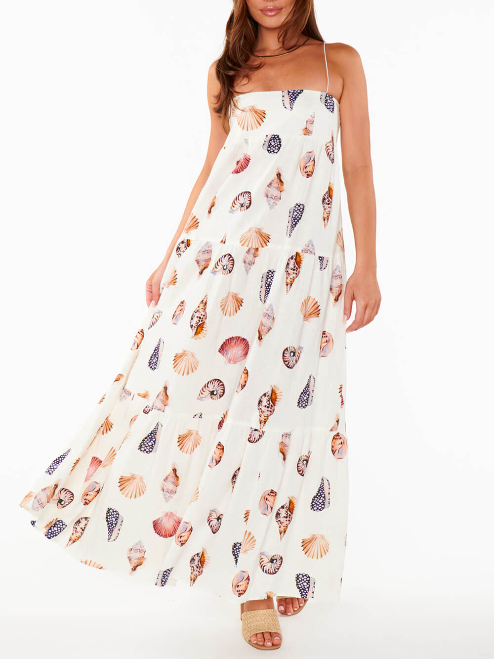 Einzigartiges Maxi-Kleid mit Muscheldruck, Falten und Taschen, leicht