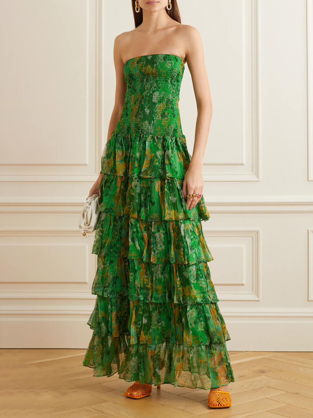Trägerloses, mehrlagiges Bandeau-Maxikleid mit Blumenmuster