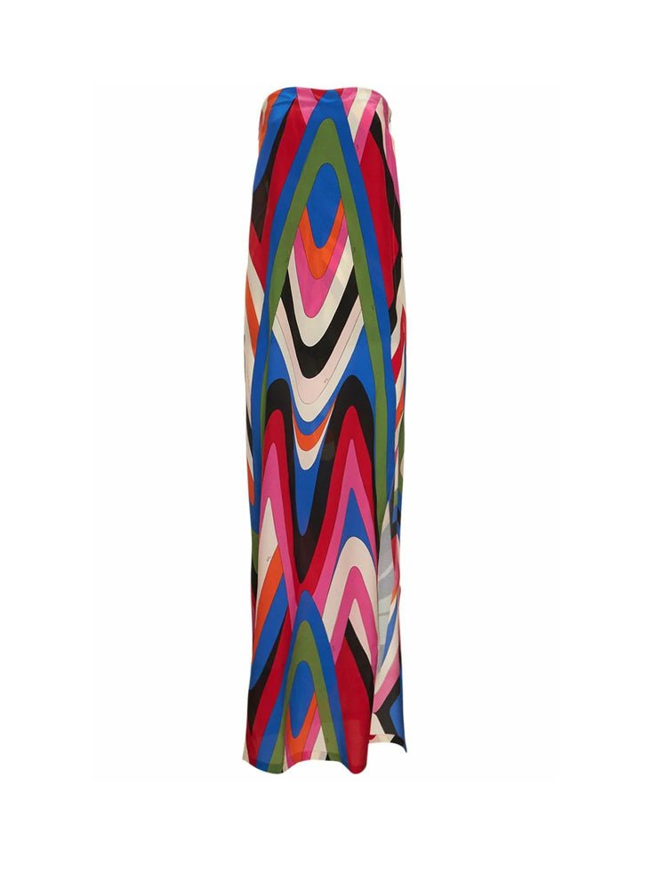 Trägerloses Maxi-Kleid aus Moiré mit seitlichem Schlitz