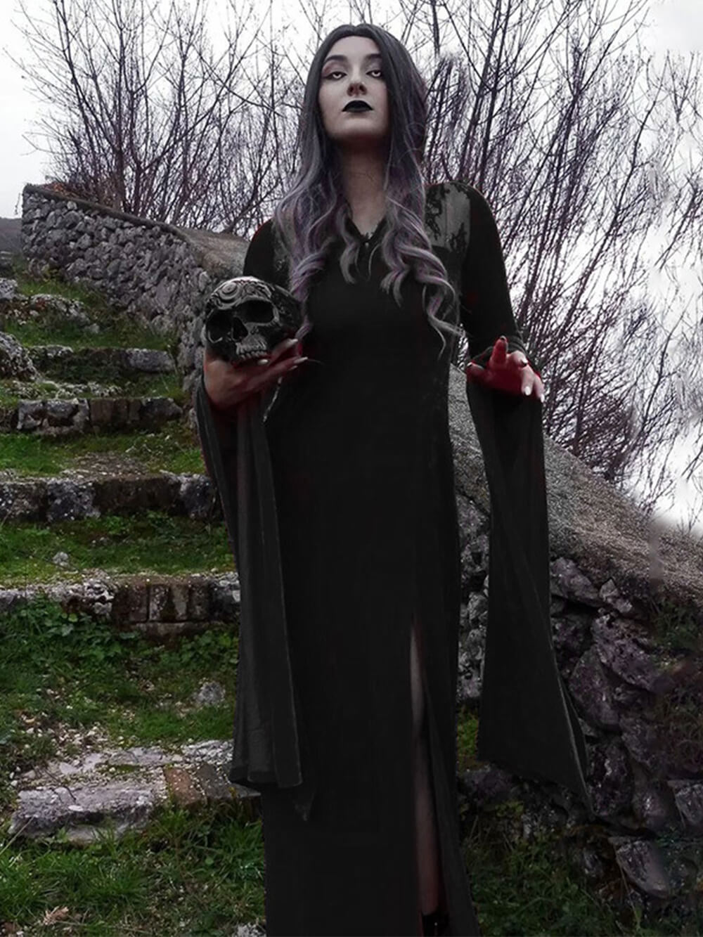 Halloween sexy Hexen-Maxikleid mit Schlitzrock