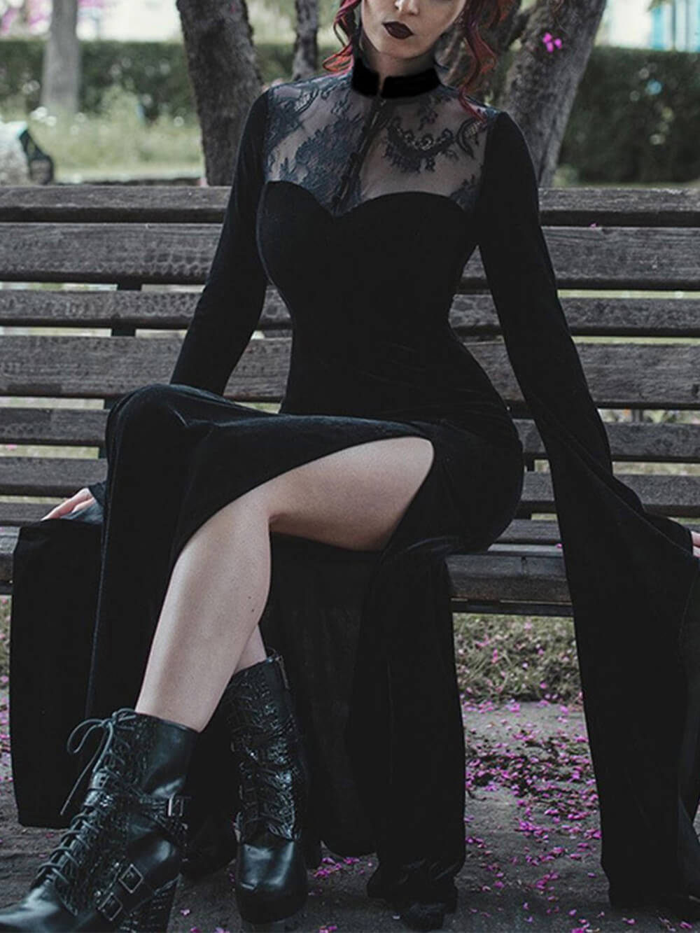 Halloween sexy Hexen-Maxikleid mit Schlitzrock