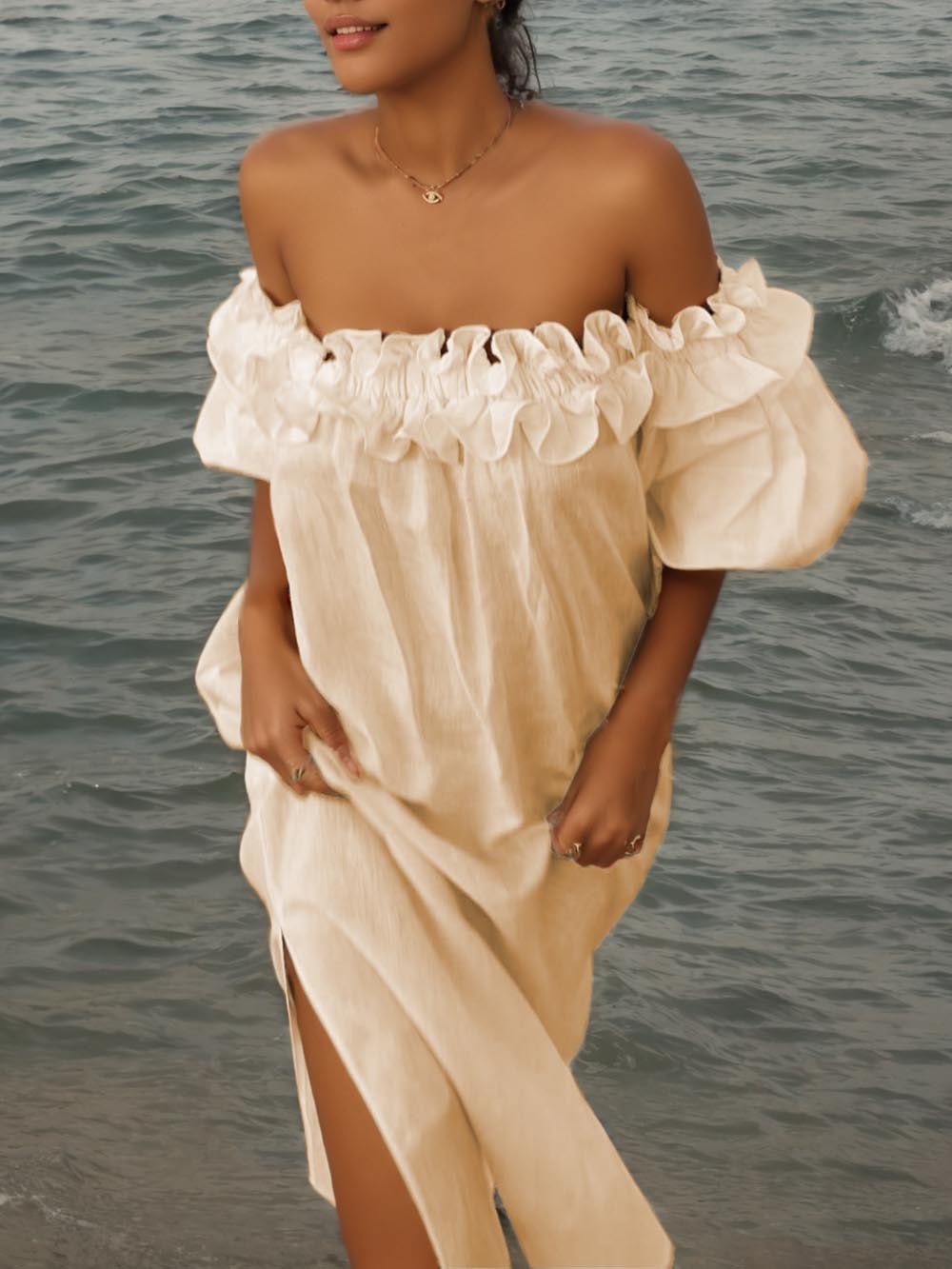 Off-Shoulder-Midi-Kleid mit Rüschen und Puffärmeln mit Taschen