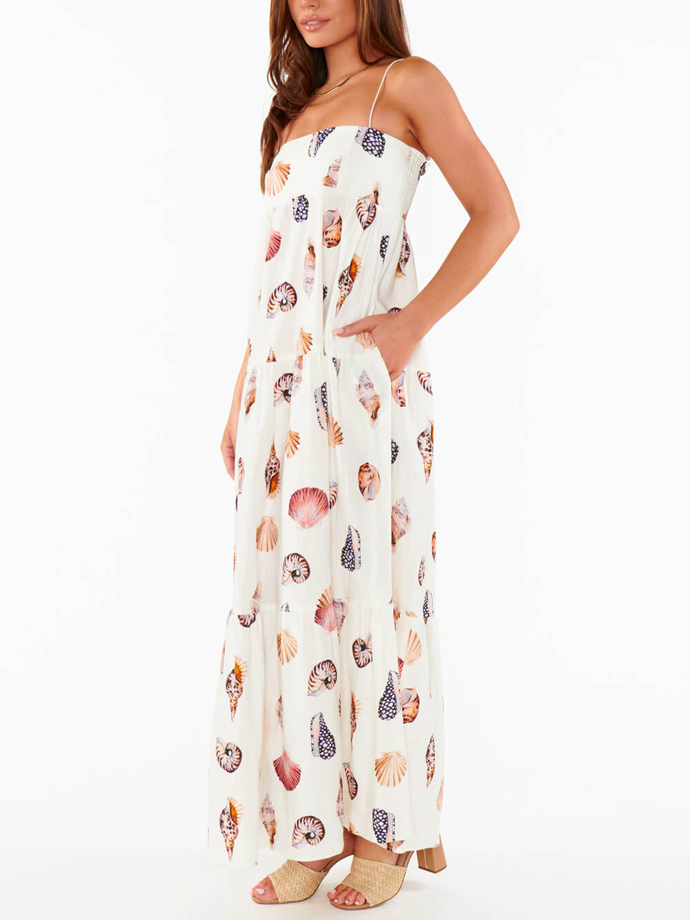 Einzigartiges Maxi-Kleid mit Muscheldruck, Falten und Taschen, leicht
