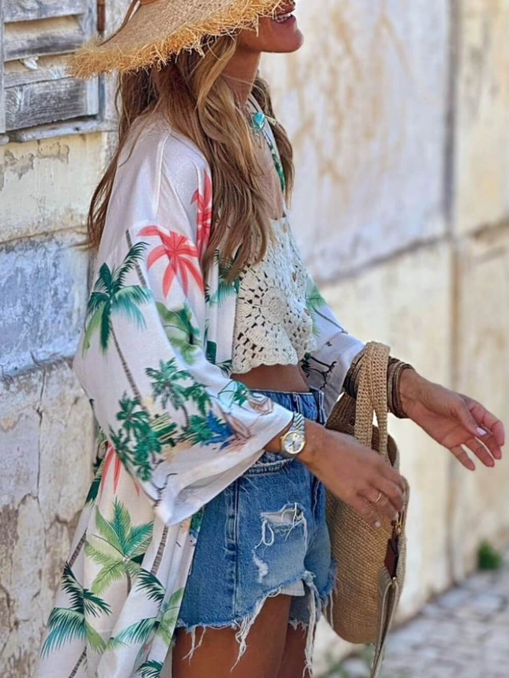 Urlaubsstil Botanischer Print Bindegürtel Langes Kaftankleid