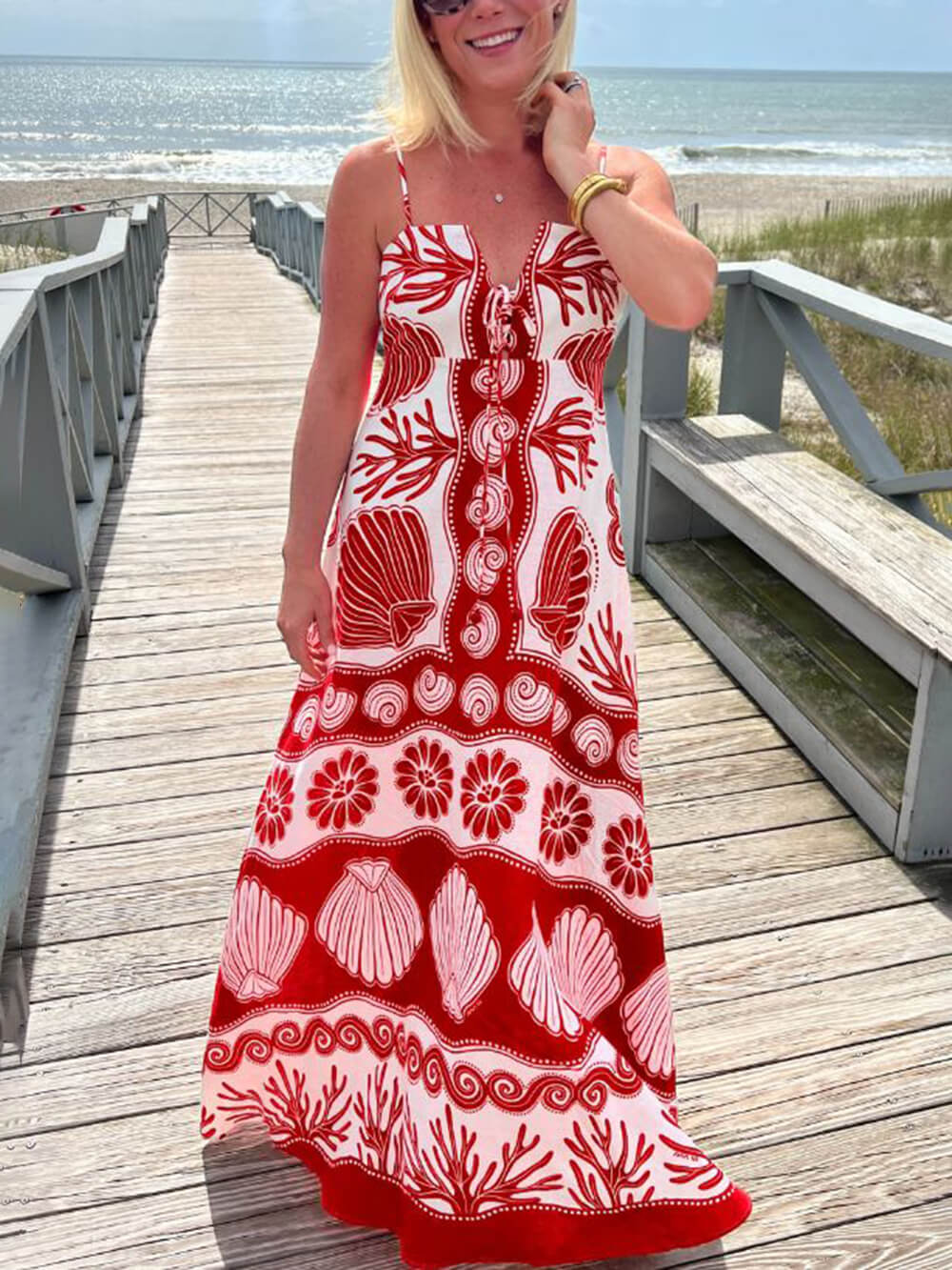 Maxikleid mit Muscheldruck, Schnürung vorne und lockerer Passform