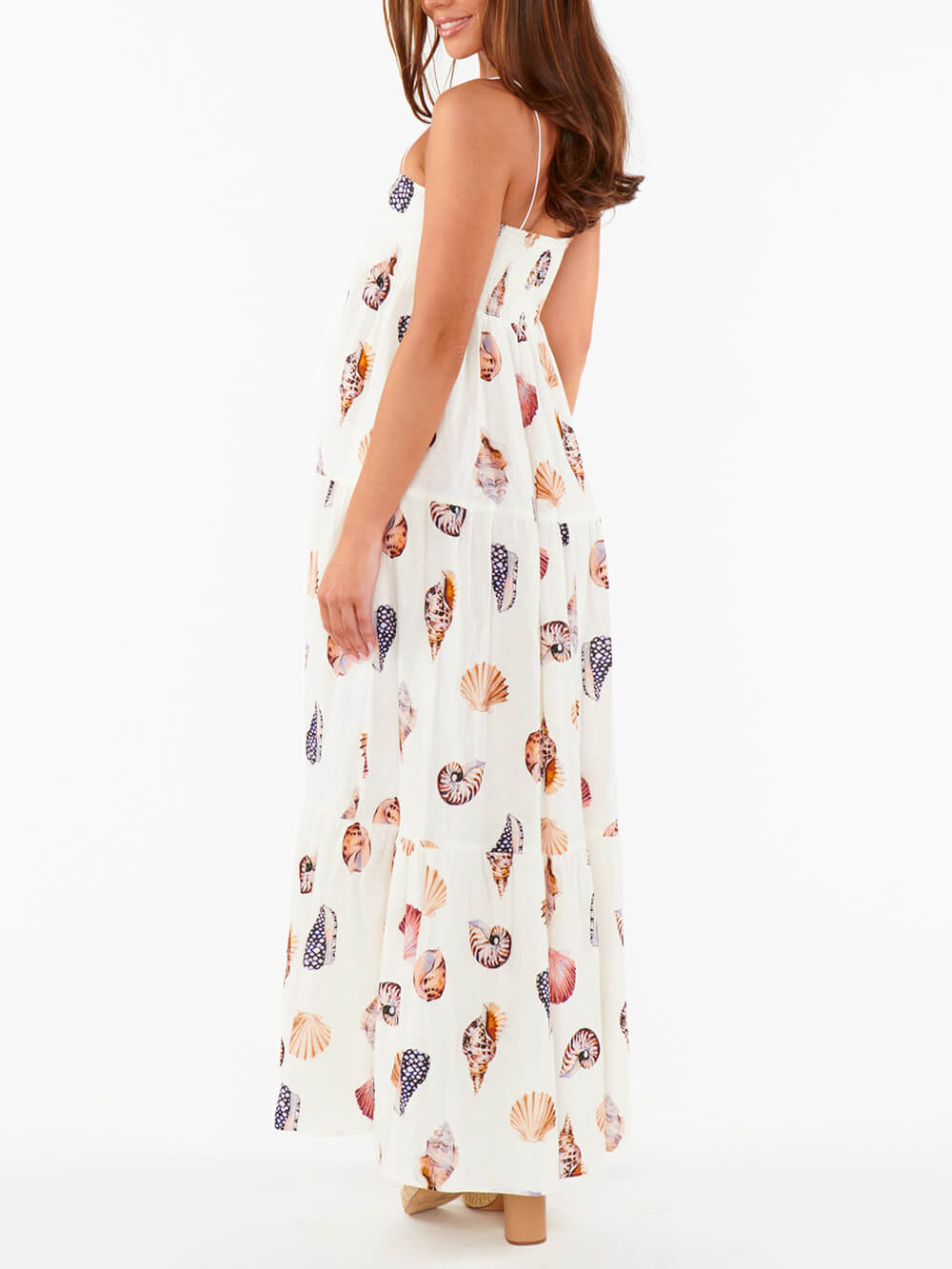 Einzigartiges Maxi-Kleid mit Muscheldruck, Falten und Taschen, leicht