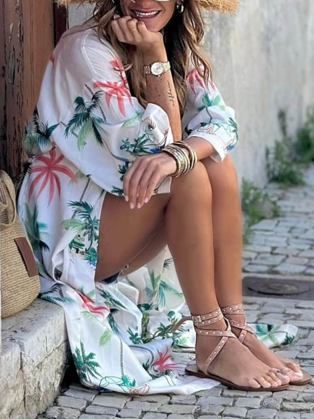 Urlaubsstil Botanischer Print Bindegürtel Langes Kaftankleid