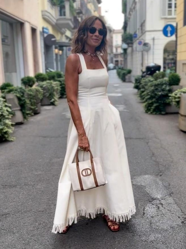 Boho weißes Maxikleid mit Fransen und Taschen