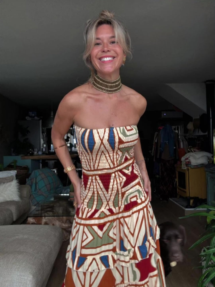 Sommerliches Retro-Boho-Maxikleid mit Spaghettiträgern