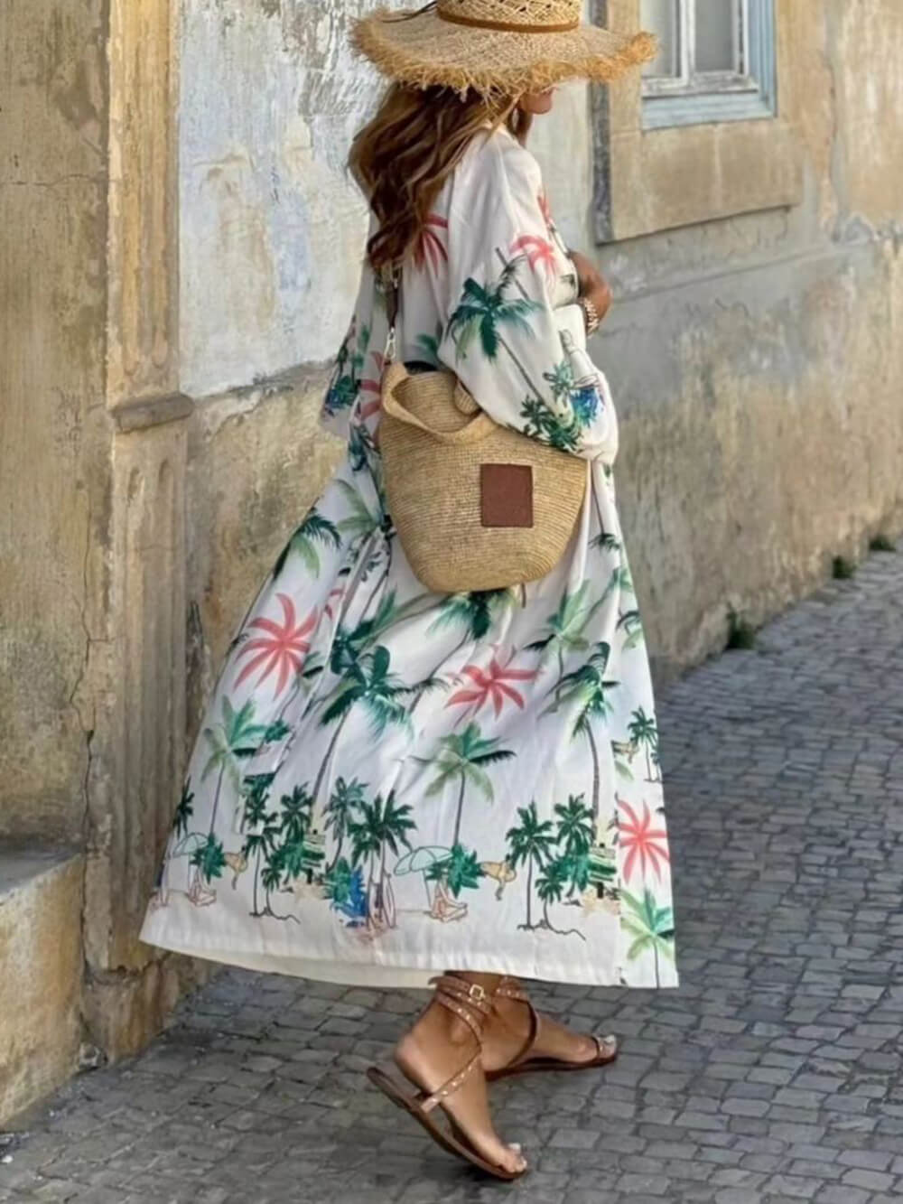 Urlaubsstil Botanischer Print Bindegürtel Langes Kaftankleid