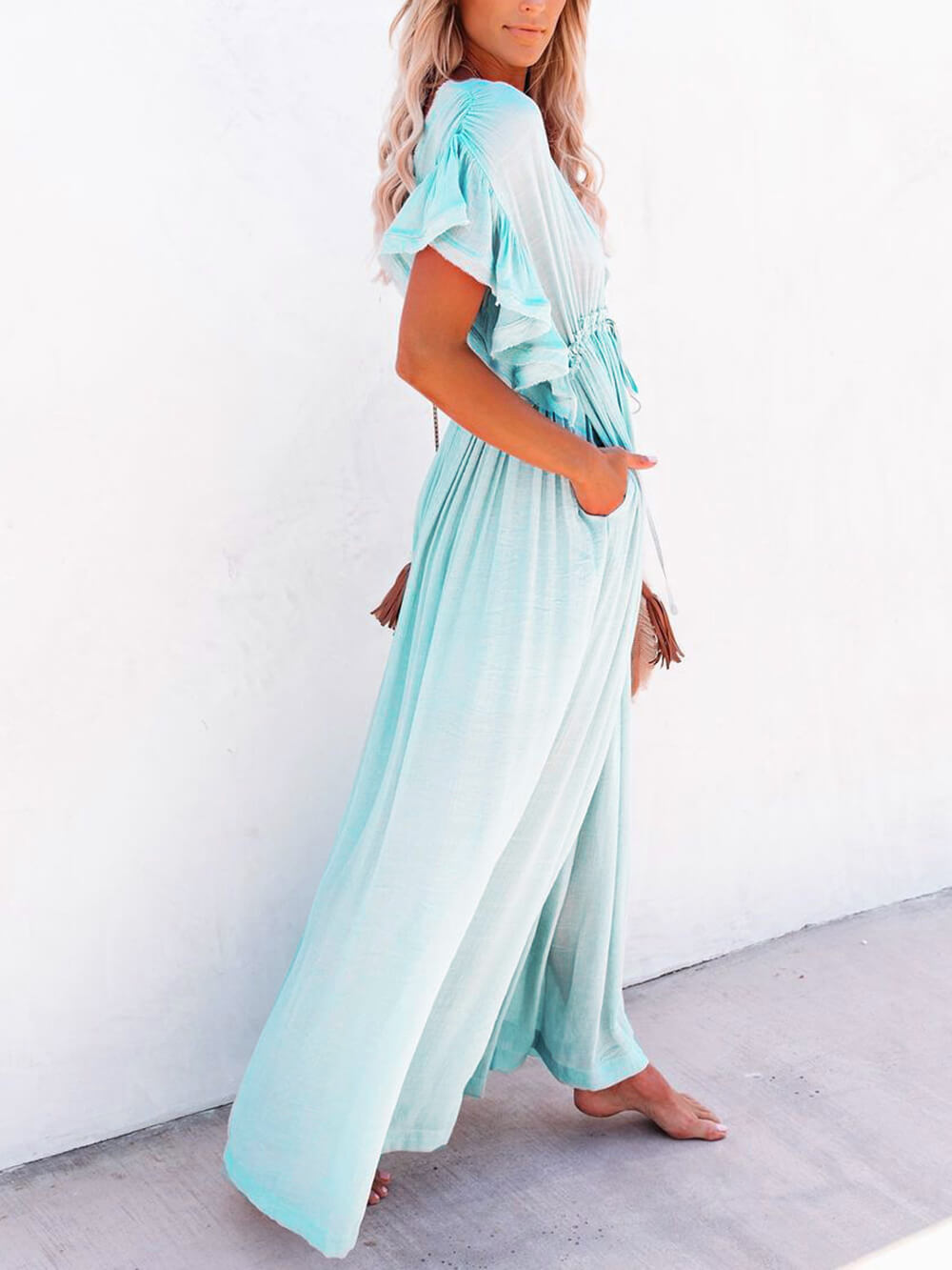 Knopf Baumwoll Leinen Perfektes Strand Boho Maxikleid