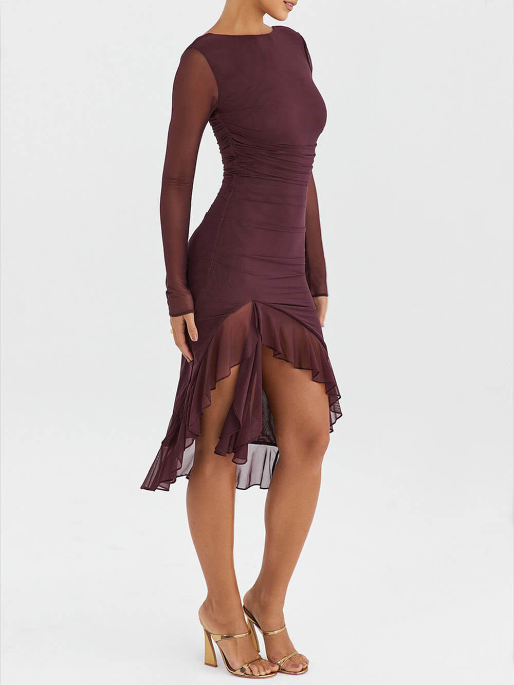 Weinrotes Volant-Midikleid