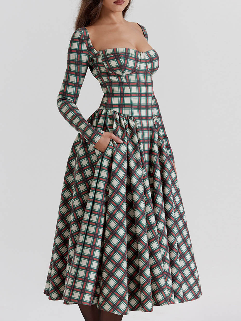 Rotes Korsett-Midikleid mit Schottenkaro