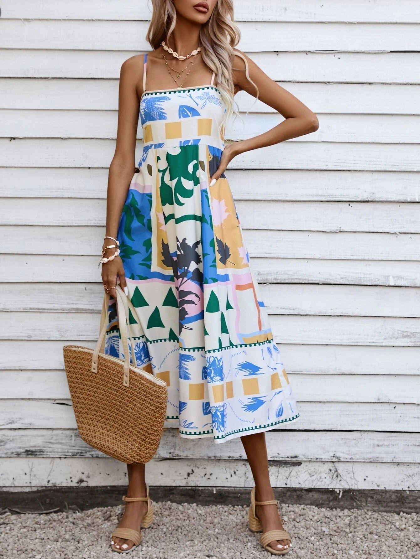 Patchwork-Slip-Maxikleid: Abstrakt bunt bedruckt