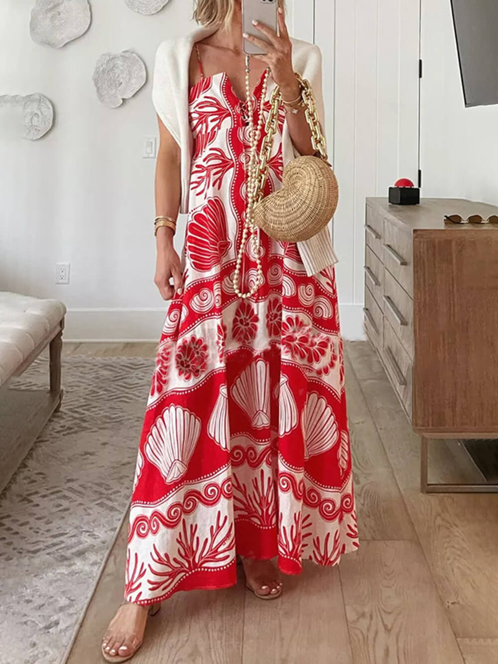Maxikleid mit Muscheldruck, Schnürung vorne und lockerer Passform