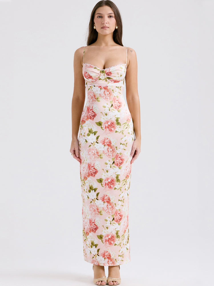 Pinkes Satin-Maxikleid mit Pfingstrosenmuster