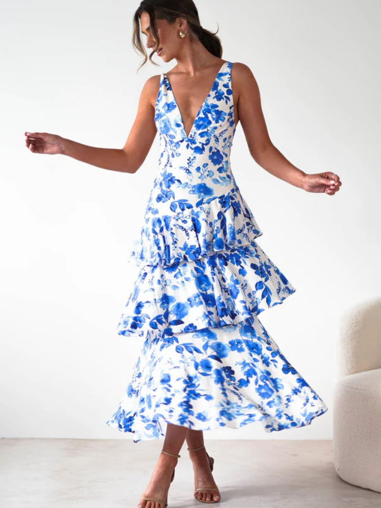 Geblümtes V-Ausschnitt Slip-Kleid