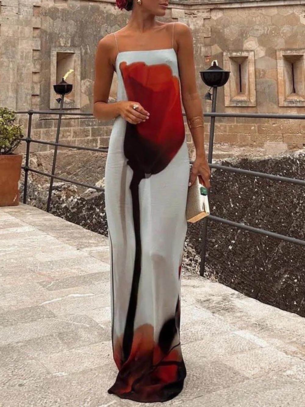 Urlaub Abstrakt Tulpenmuster Slip H-Linie Maxikleid