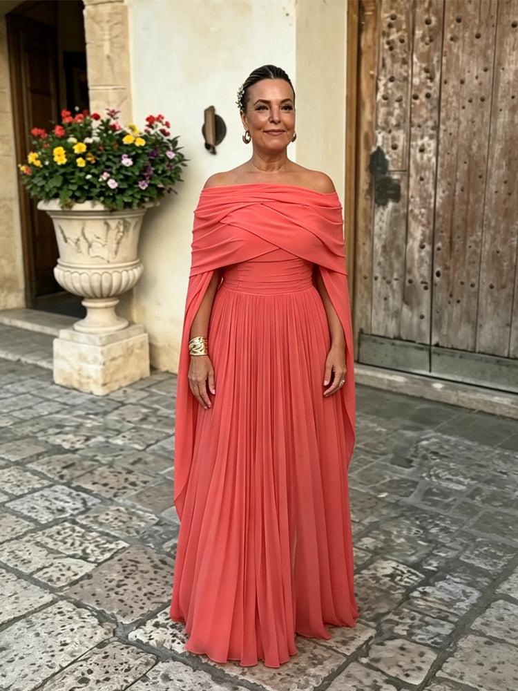 Off-Shoulder Chiffon Cape Sleeve Gown