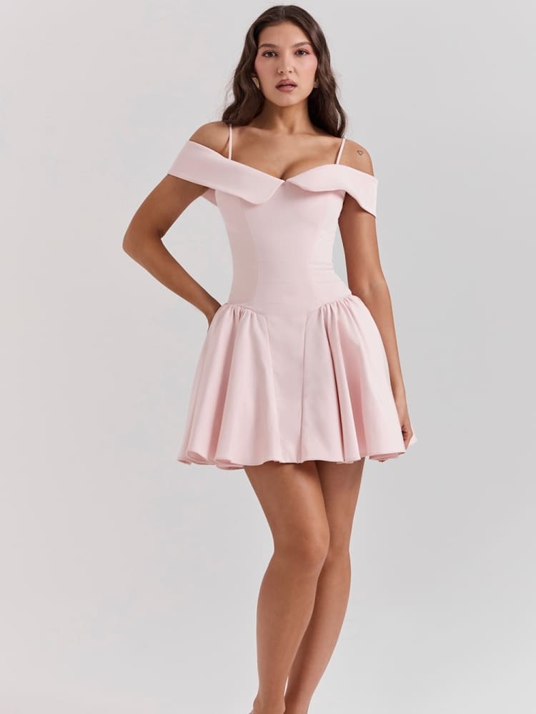 Ballettrosa schulterfreies Spaghettiträger-Minikleid