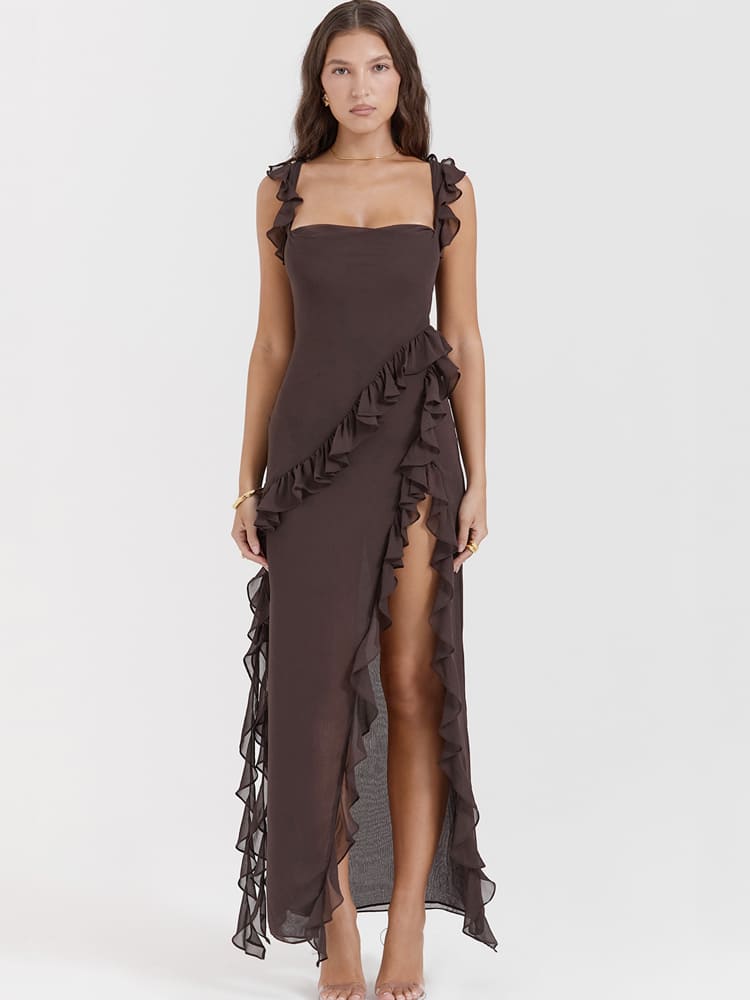 Gerüschtes langes Maxi-Slip-Kleid – Kaffee