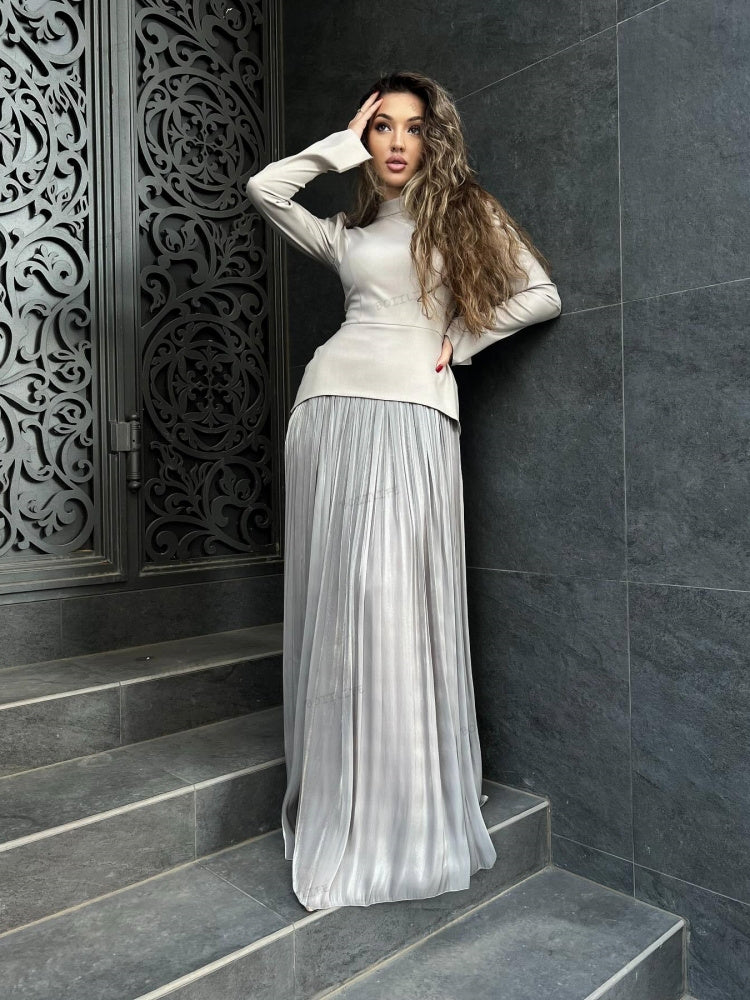 Color-Block-Splicing Slim-Fit Maxi-Kleid mit Schnürung und langen Ärmeln