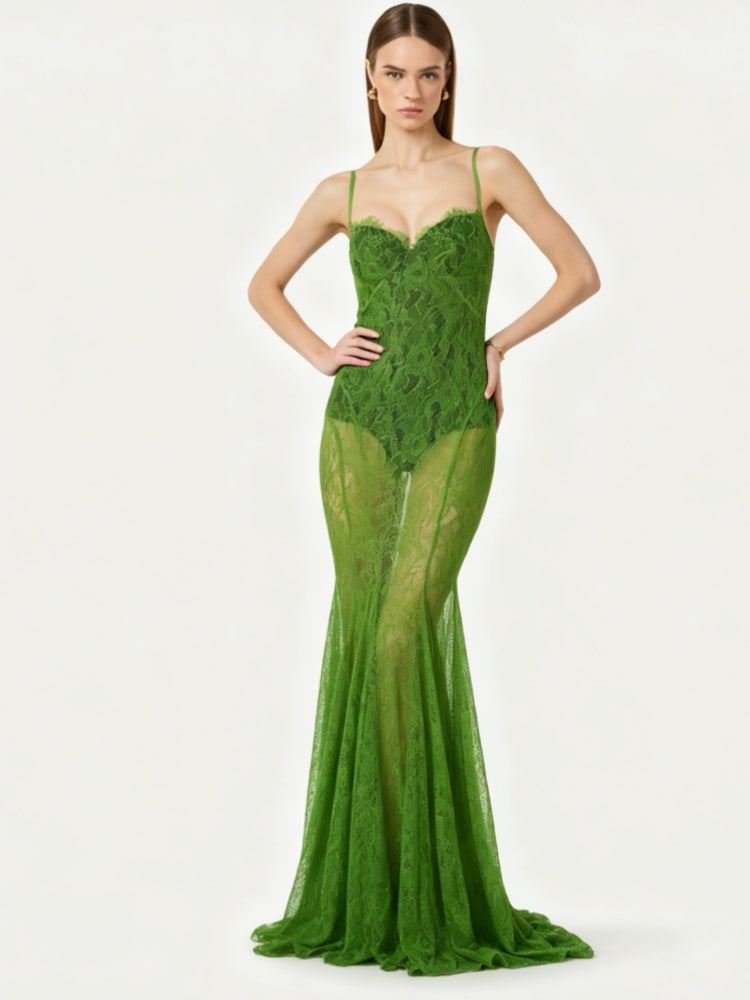 Grünes, durchsichtiges Spitzen-Fischschwanzkleid