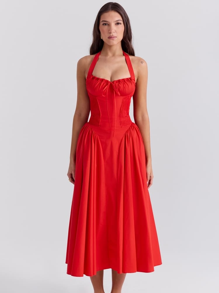 Rotes rückenfreies Neckholder-Midikleid