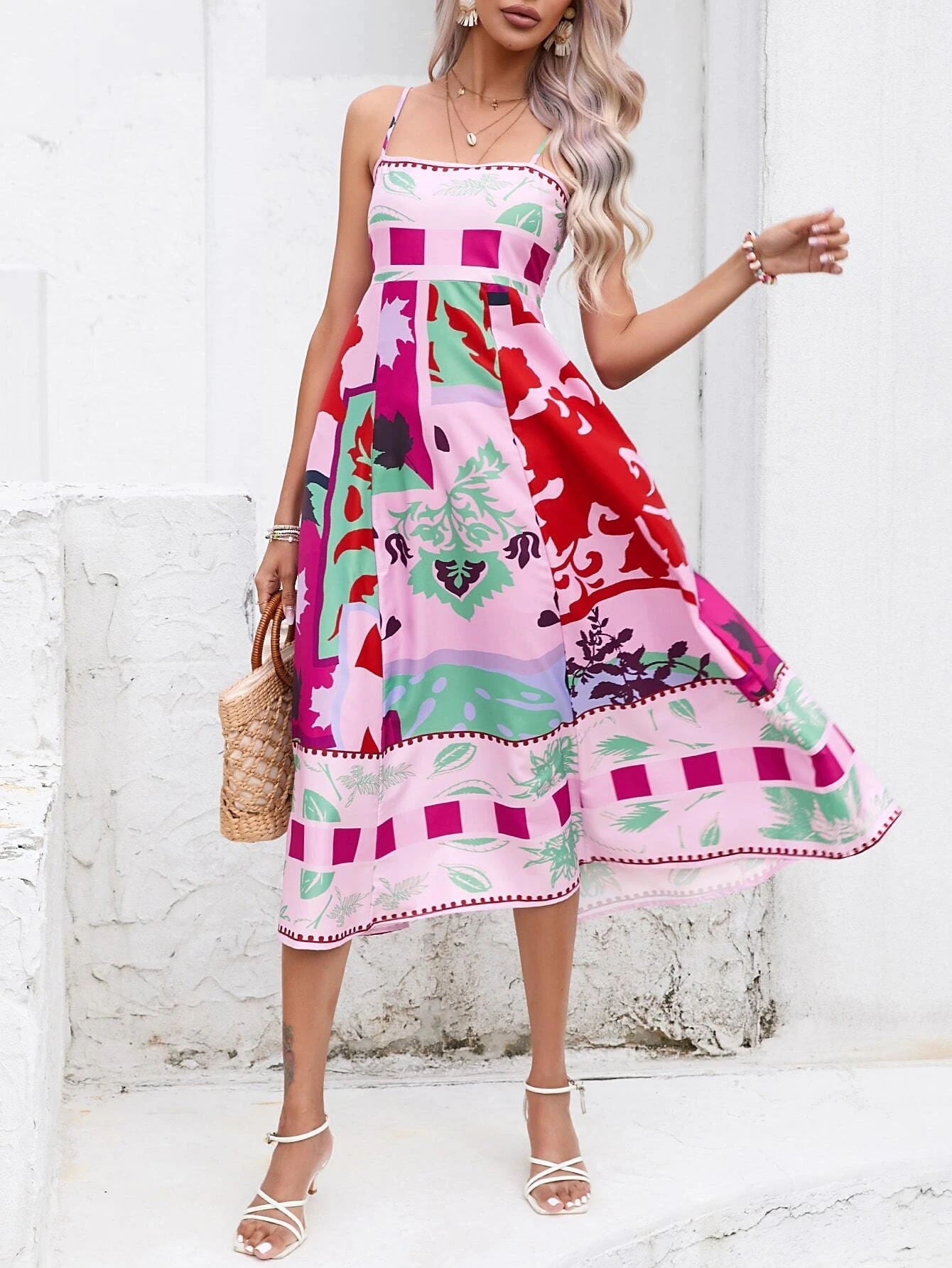 Patchwork-Slip-Maxikleid: Abstrakt bunt bedruckt