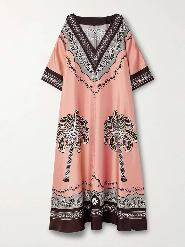 Urlaubs-Stil V-Ausschnitt Satin-Kleid mit Print