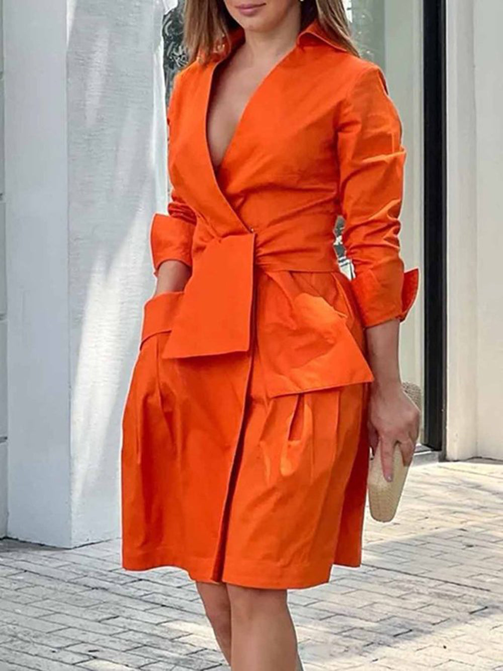 Orange drapiertes Baumwoll-Wickelkleid