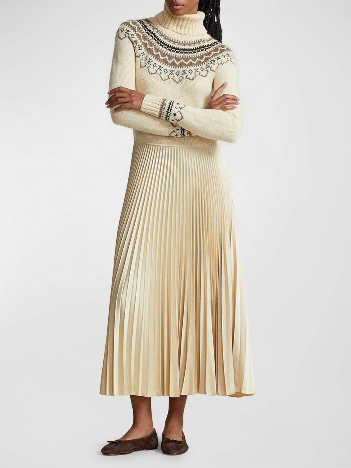 Hybrid-Strickkleid mit Faltenrock und Rollkragen
