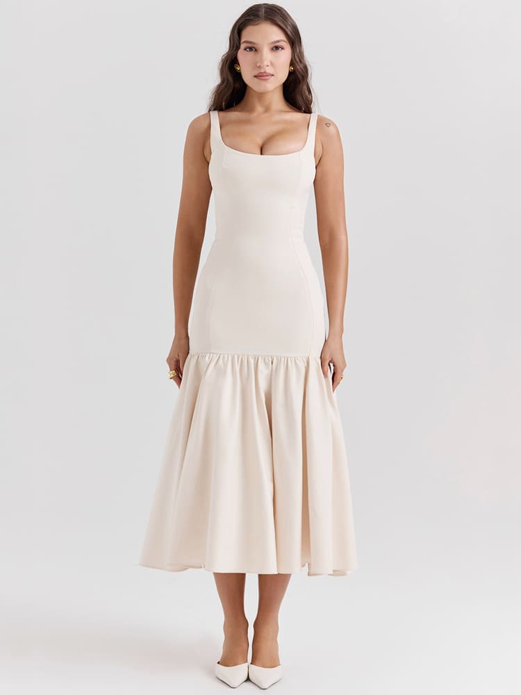 Vintage Midi-Kleid mit niedriger Taille – Creme Beige