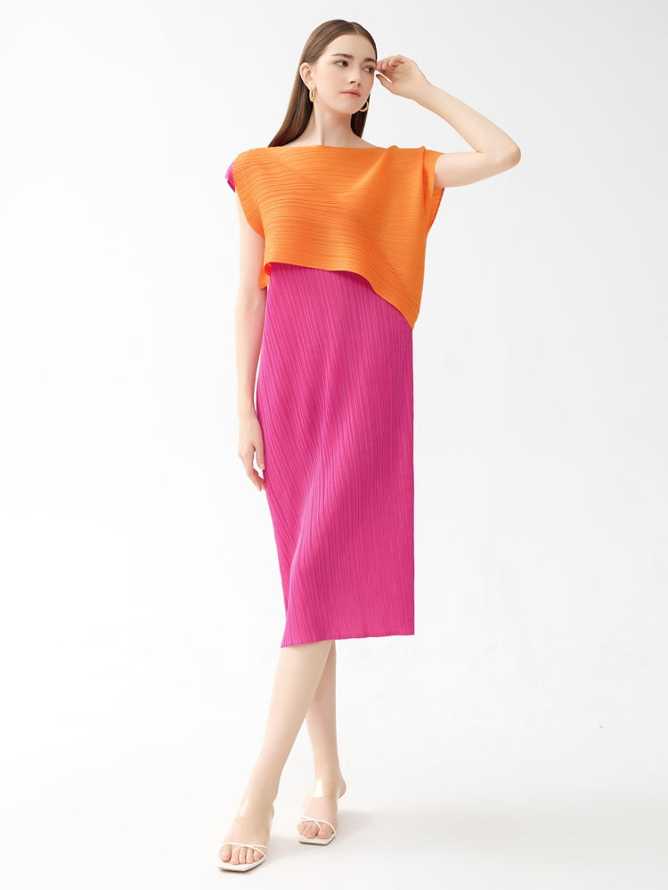 Rundhals-Midikleid mit Falten und Farbblockdesign