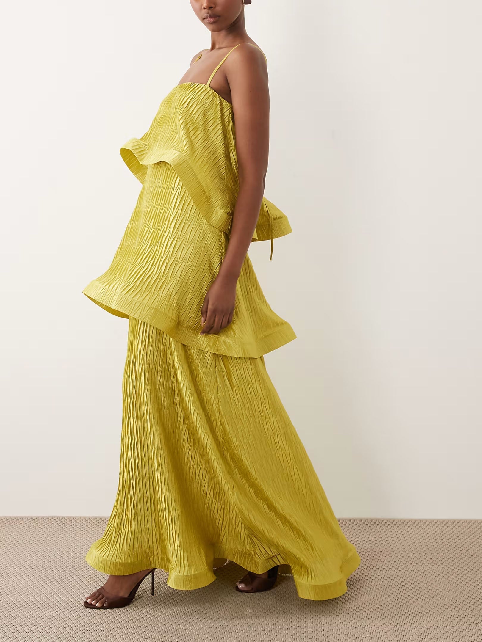Zigzag Plisse Tiered Trapeze Maxi Dress In Lime